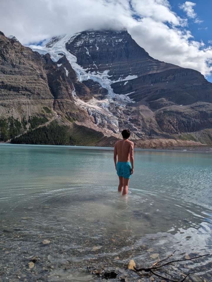 Berg Lake, after six long hours of climbing. The water was freezing cold.